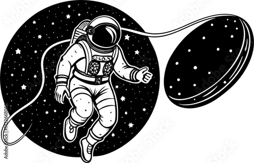 A black and white illustration of an astronaut tethered and floating in space amidst stars, with a planet or celestial body visible in the background.