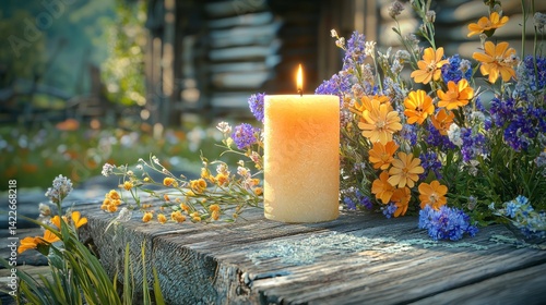 Gentle Glow of Candle Surrounded by Wildcrafted Flowers in a Serene Home Setting with Realistic Photography