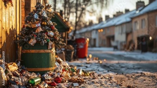 Realistic Zero Waste Holiday Decorations in Snowy Street Setting with Homes and Glittering Accents