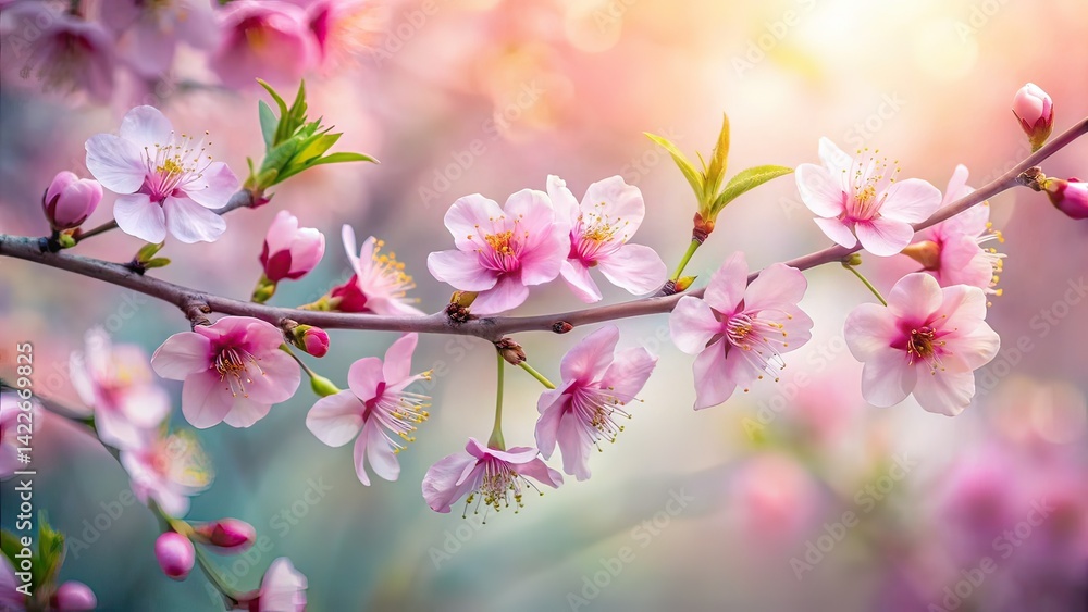 Obraz premium Long Exposure Watercolor Pink Blossoms Branch, AI Photo