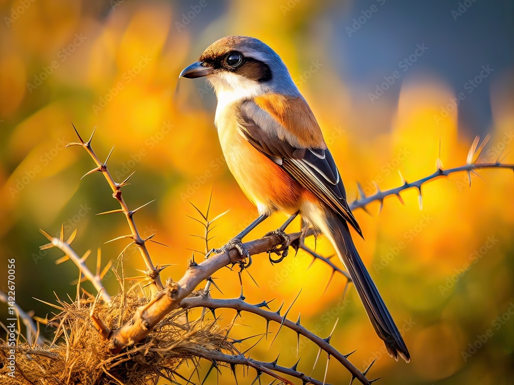 Lon-tailed Shrike on Thorn Throne Tilt-Shift AI Photo, Bird Photography, Nature, Fantasy Lon-tailed Shrike on Thorn Throne Tilt-Shift AI Photo, Bird Photography, Nature, Fantasy