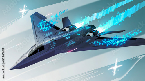 Stealth bomber silhouette on white, glowing blue digital particles, sci-fi military design 