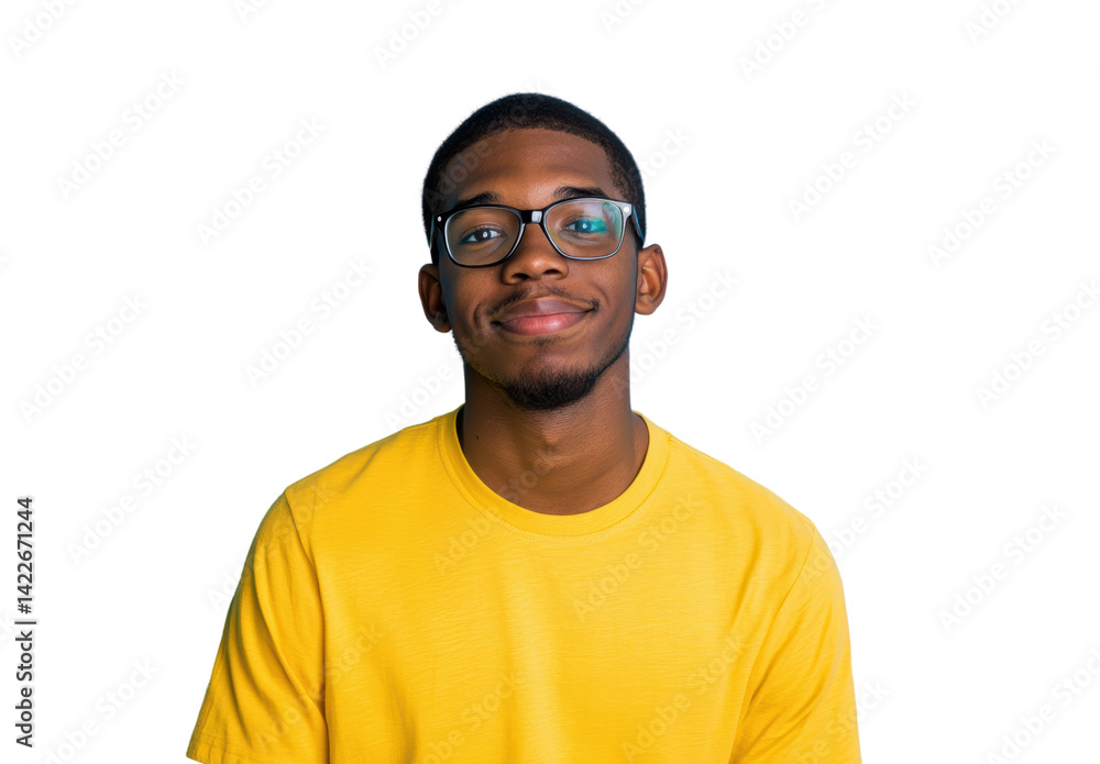 Smiling young man in yellow shirt, white background