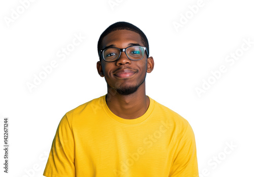 Smiling young man in yellow shirt, white background