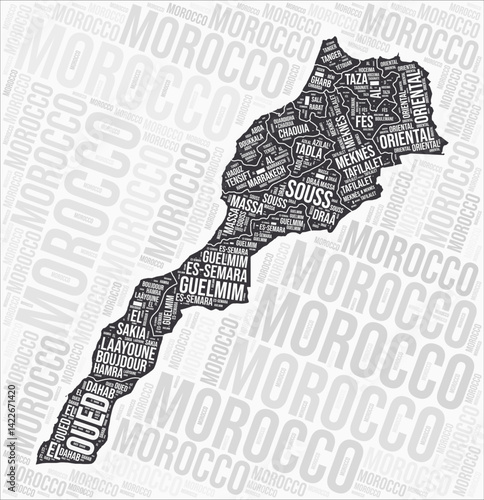 Morocco regions map word cloud. Morocco region names. Black and white map design. Trending vector illustration.