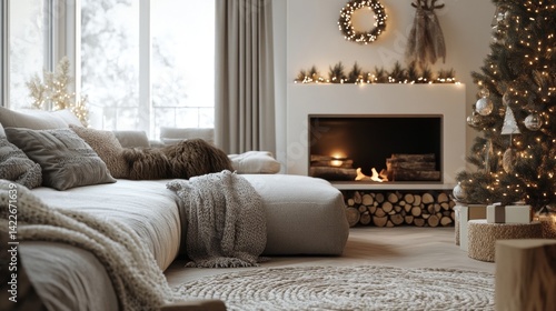 Cozy Christmas Living Room with Fireplace and Decorated Tree