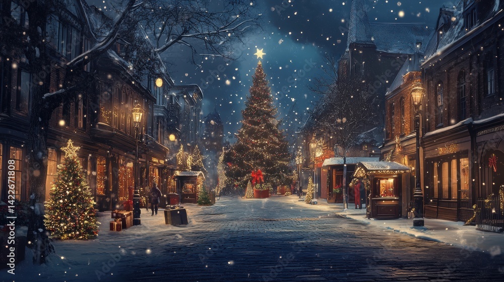 Enchanting Winter Evening: Christmas Trees Illuminate Cobblestone Street with Gentle Snowfall and Warm Building Lights Enchanting Winter Evening: Christmas Trees Illuminate Cobblestone Street with Gentle Snowfall and Warm Building Lights