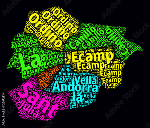 Andorra Word Cloud. Region names of the country in Catalan language. Bright neon style design on dark background. Andorra shape with administrative division. Beautiful vector illustration.