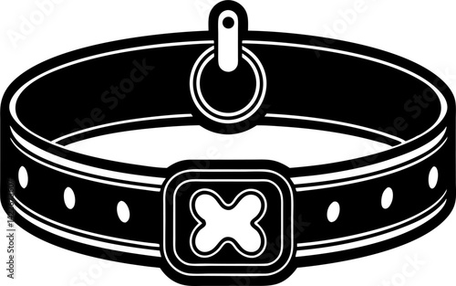 A black and white illustration of a dog collar with a buckle and a ring for attaching a leash or tag.