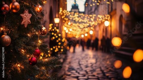 Wallpaper Mural Holiday Magic: Decorated Christmas Tree and Festive Street Lights in a Cozy, Warm Setting Torontodigital.ca