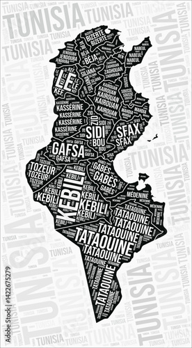 Tunisia regions map word cloud. Tunisia region names. Black and white map design. Artistic vector illustration.
