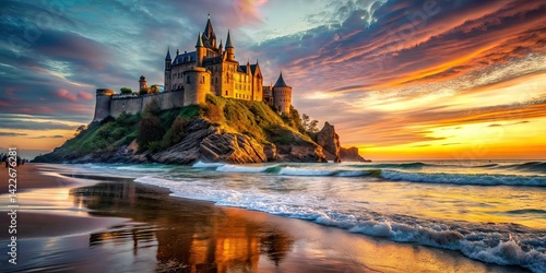 Magical Castle Beach at Night, Low Light Photography, Fantasy