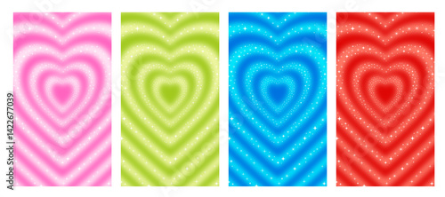 Hypnotic heart shaped tunnel color set. Rainbow retro wallpapper y2k style background,illustration.