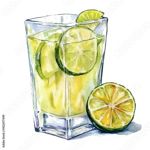 watercolor of Glass Of Lemon Lime Juice With A Citrus Zest, vector, isolated on a white background.
