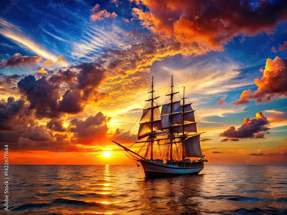 Fototapeta premium Majestic Sailboat Silhouette Ocean View AI Photo