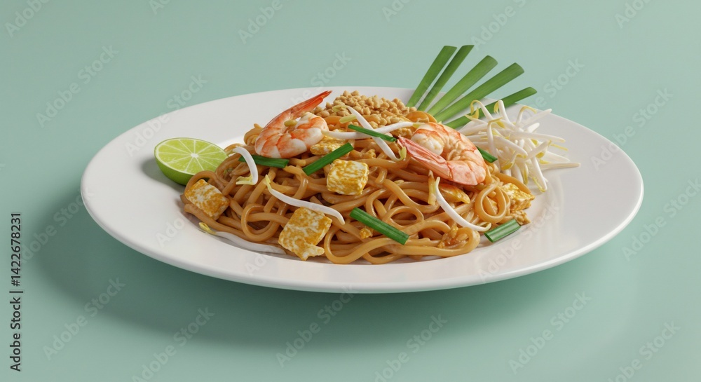 Fototapeta premium A vibrant dish of flavorful noodles with shrimp and fresh toppings.