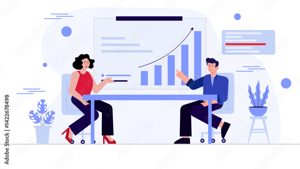 Obraz premium Business data analysis modern flat illustration. Set of scene a man and girl explains business data analysis on graph diagram. Vector Flat Character