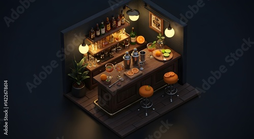 Isometric Night Bar Interior Cozy Cocktail Bar Design 3D Render Wooden Counter Drinks and Dim Lighting for Bar Restaurant and Alcohol Brand Marketing