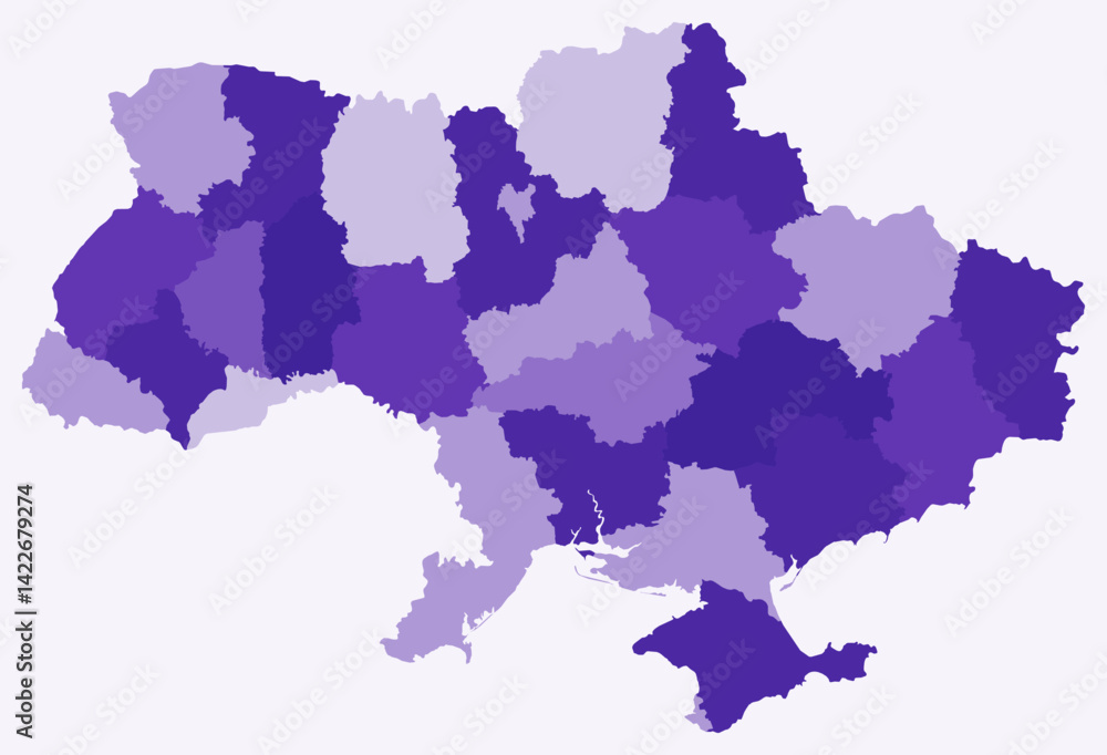 Fototapeta premium Map of Ukraine with regions. Just a simple country border map with region division. Deep purple color palette. Flat Ukraine shape with administrative division. Vector illustration.