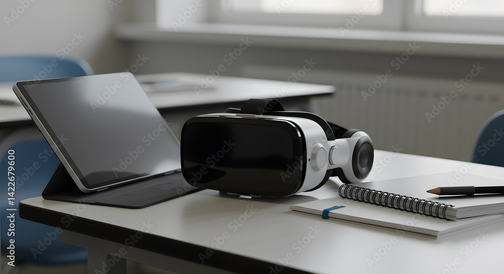 VR Headset & Tablet on Classroom Desk: Modern Education Technology VR Headset & Tablet on Classroom Desk: Modern Education Technology