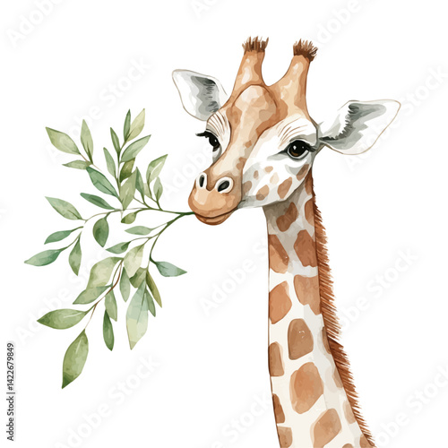 Giraffe Reaching For Leaves, watercolor vector, isolated on a white background.