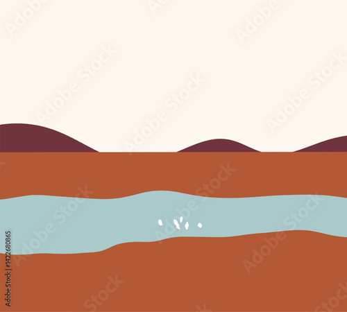 White birds standing in river with mountain landscape on background. Spring wildlife scene.