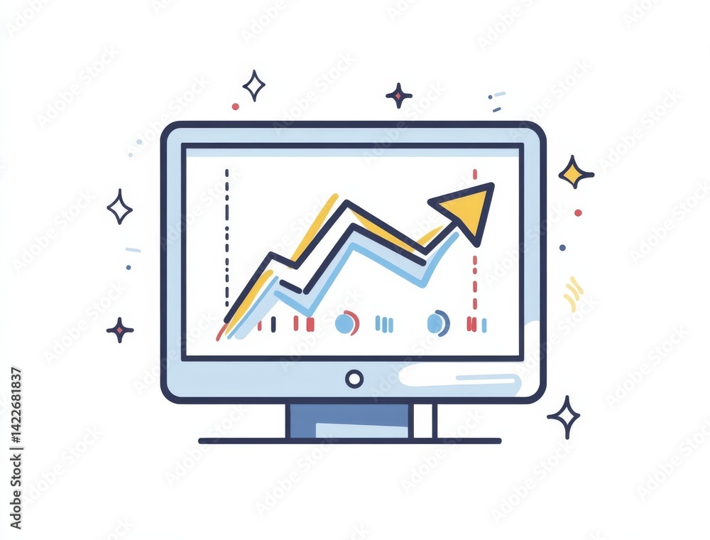 computer screen with upward arrow and growth chart representing business analytics, digital marketing success, and increasing website traffic in blue on white background.