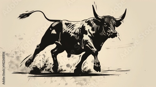 Strong Bull Running Wild in Black and White Artistic Illustration
