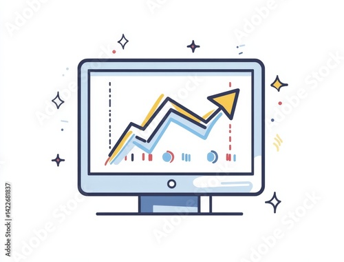 Obraz na płótnie computer screen with upward arrow and growth chart representing business analytics, digital marketing success, and increasing website traffic in blue on white background. w salonie
