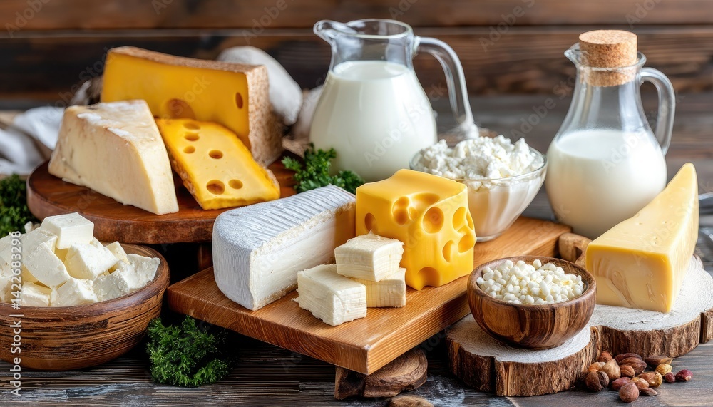 A visually appealing assortment of various cheeses and dairy products displayed on wooden boards, highlighting their textures and colors.