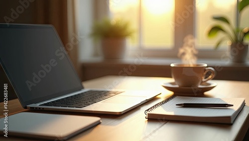 Wallpaper Mural Home office workspace with laptop and documents Torontodigital.ca