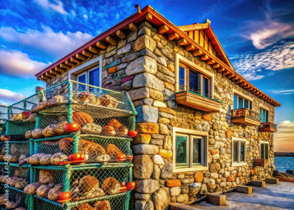 Obraz premium Stone Crab Architecture: Coastal Building Design, Seafood Restaurant Exterior, Crab Trap Structures, Florida Architecture, Oceanfront Restaurant