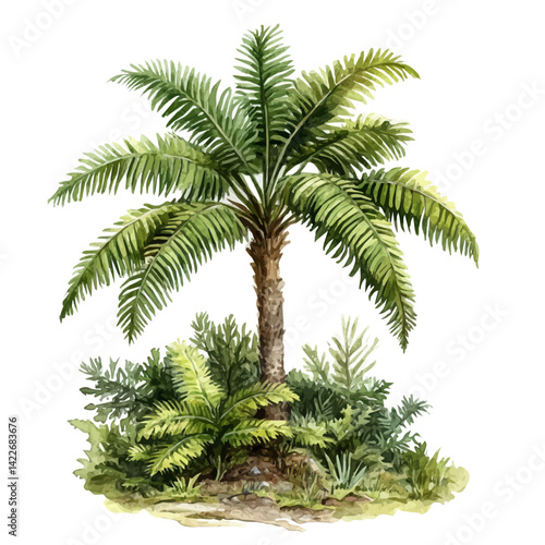 Giant Fern Tree In A Lush Carboniferous Swamp, watercolor vector, isolated on a white background.