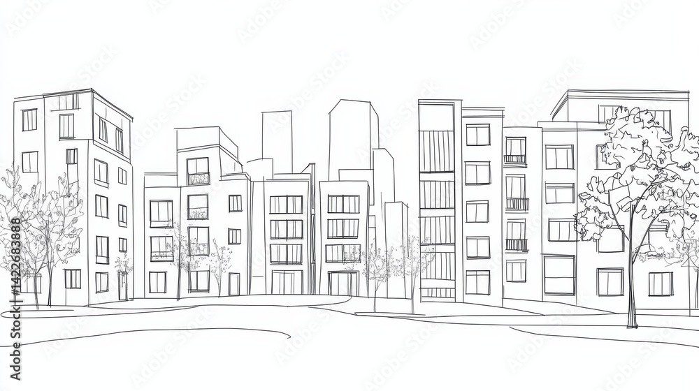Fototapeta premium Single continuous line art city building construction. Architecture house urban apartment cityscape landscape concept design one sketch outline drawing vector illustratio 