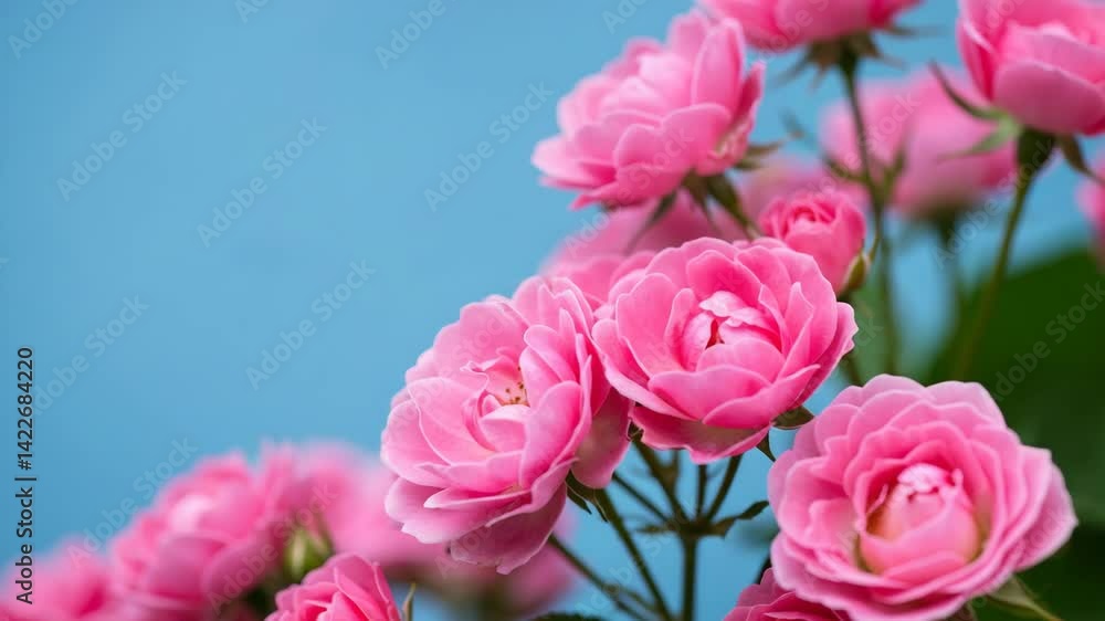 Rose Blossoms in Bloom: An evocative image capturing the pure beauty of pink roses blossoming against a serene blue backdrop, evoking a sense of elegance and romance. Rose Blossoms in Bloom: An evocative image capturing the pure beauty of pink roses blossoming against a serene blue backdrop, evoking a sense of elegance and romance.