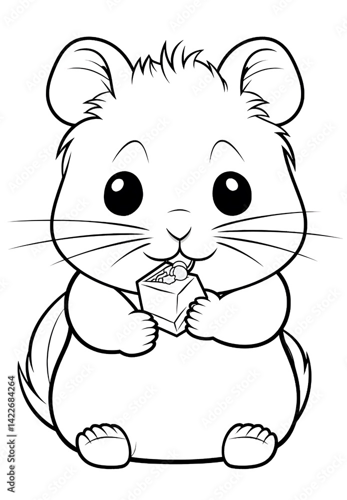Fototapeta premium Kawaii cute hamster eating candy, a simple coloring page for kids with crisp lines and a white background