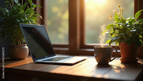 Wallpaper Mural Laptop on wooden desk with plants and sunlight work from home productivity Torontodigital.ca