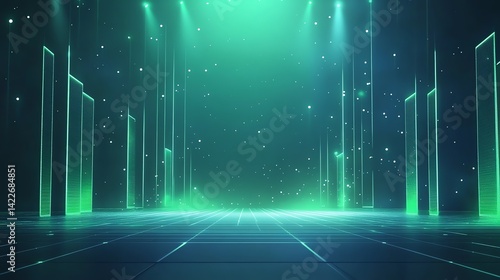 Futuristic green digital background with glowing patterns and grid overlay
