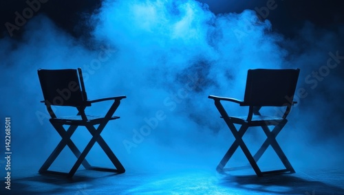 Mysterious Blue Haze: Two Director's Chairs in Cinematic Fog