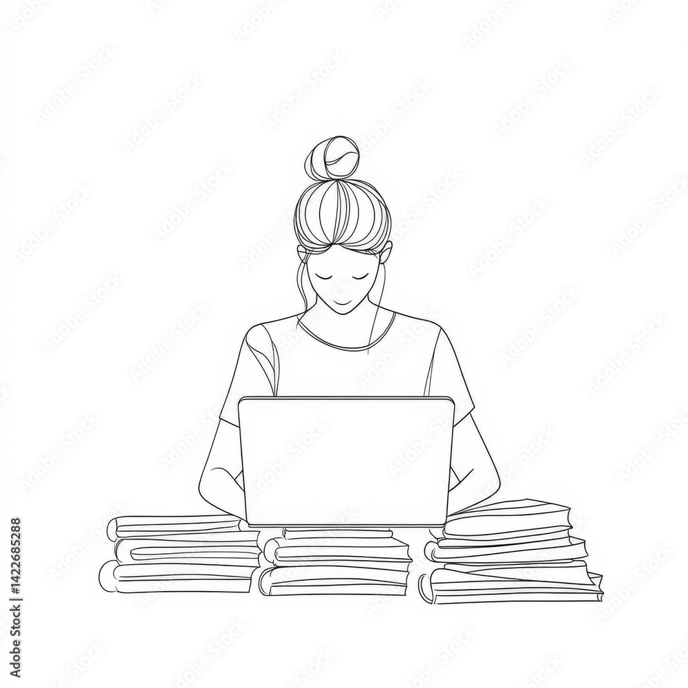 Single continuous line drawing of a female teacher teaching online with half her body emerging from a laptop screen, next to a pile of books, representing modern internet education and remote learning