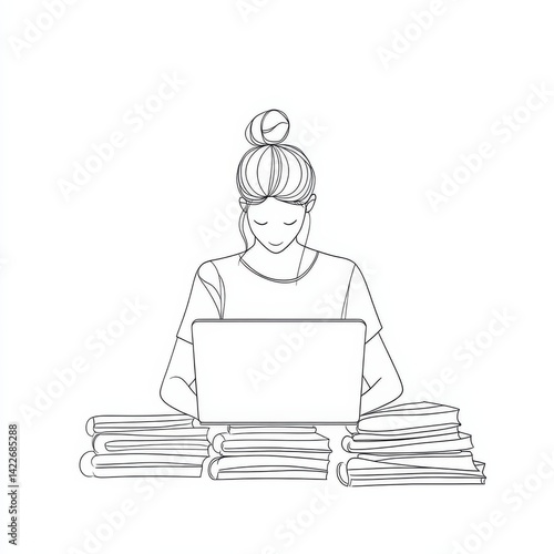 Obraz na płótnie Single continuous line drawing of a female teacher teaching online with half her body emerging from a laptop screen, next to a pile of books, representing modern internet education and remote learning w salonie