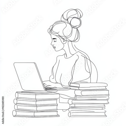 Obraz na płótnie Single continuous line drawing of a female teacher teaching online with half her body emerging from a laptop screen, next to a pile of books, representing modern internet education and remote learning w salonie