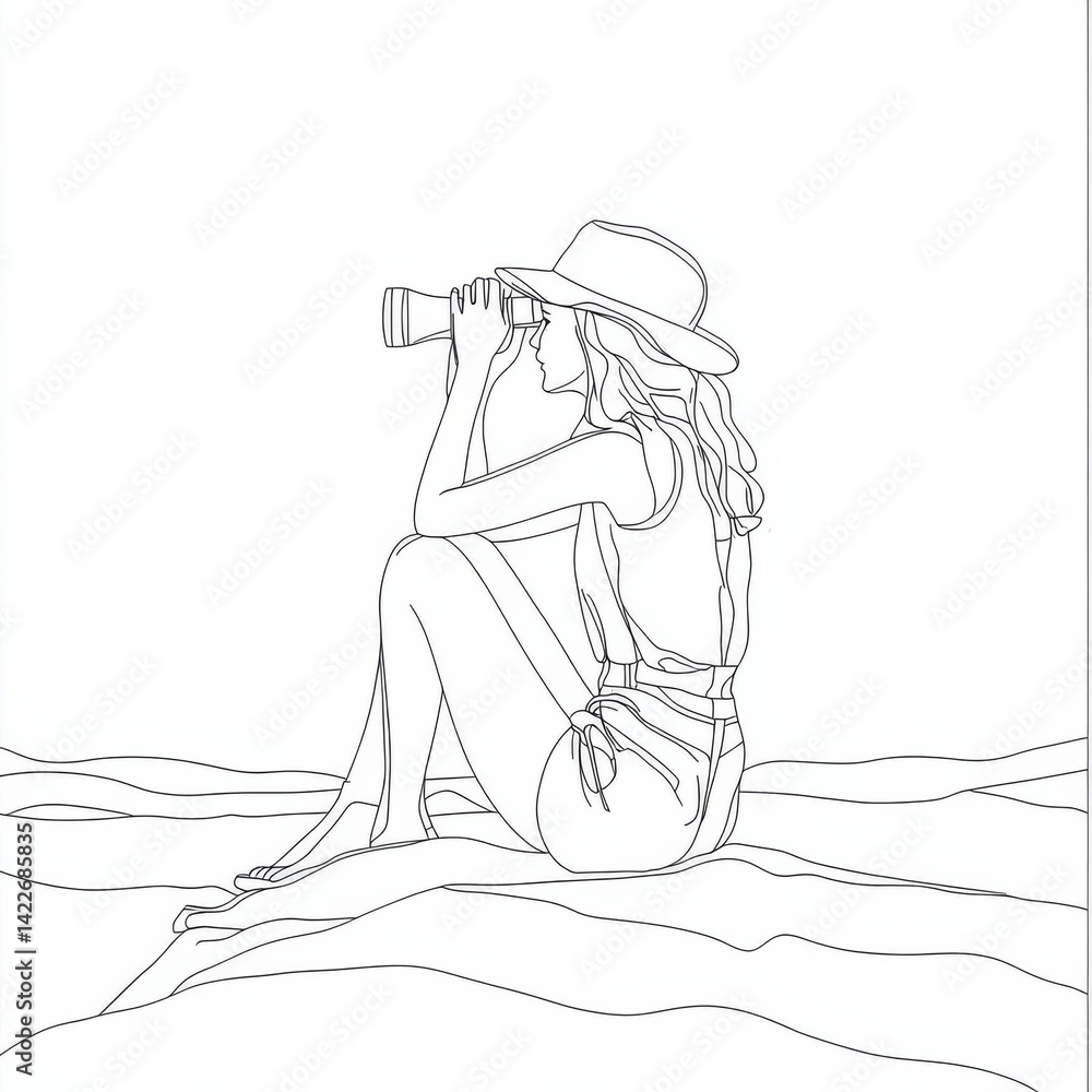 Single continuous line drawing of a girl looking in the distance with binoculars, enjoying the beauty of nature as far as the eye can see, discovering something interesting in the outdoors.