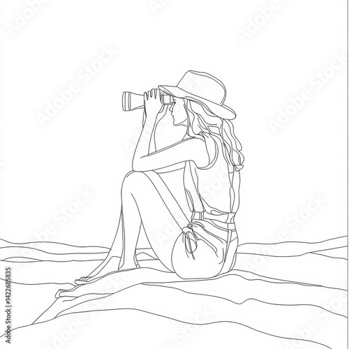 Obraz na płótnie Single continuous line drawing of a girl looking in the distance with binoculars, enjoying the beauty of nature as far as the eye can see, discovering something interesting in the outdoors. w salonie