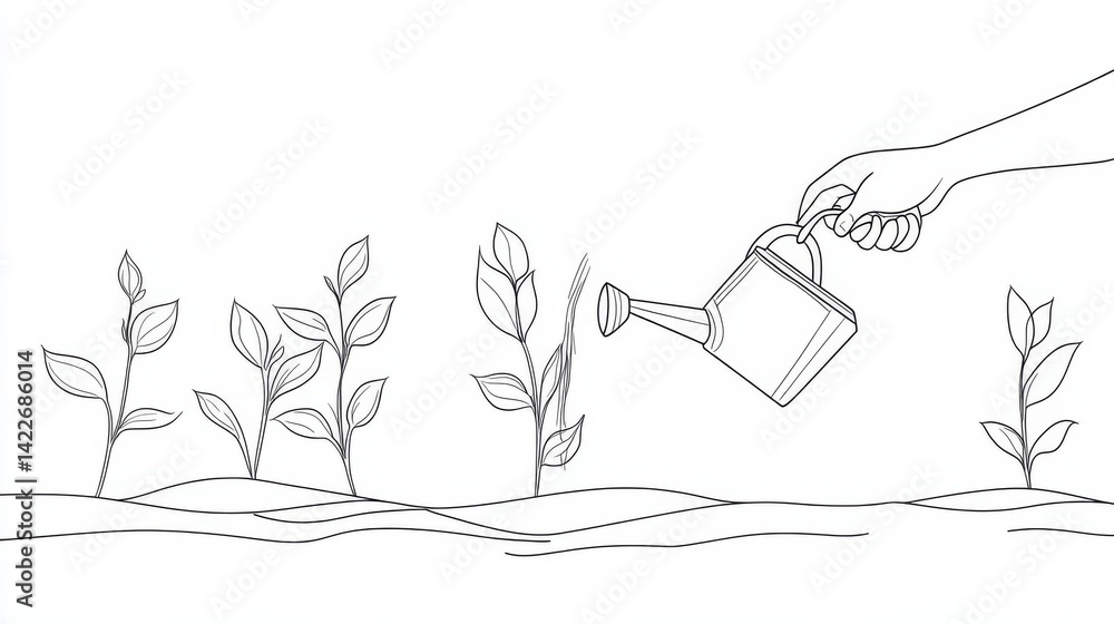 Single continuous line drawing hand with can watering plant at garden. Earth day save environment concept.