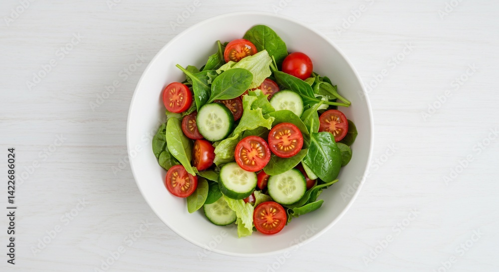 A fresh salad with spinach, lettuce, tomatoes, and cucumbers on a table A fresh salad with spinach, lettuce, tomatoes, and cucumbers on a table