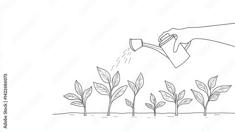Single continuous line drawing of a hand with a can watering a plant in the garden.