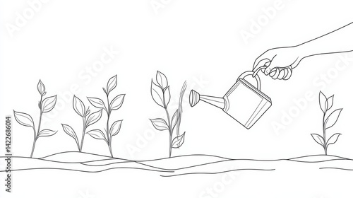 Obraz na płótnie Single continuous line drawing hand with can watering plant at garden. Earth day save environment concept. w salonie