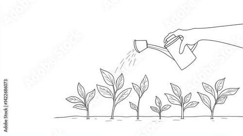 Obraz na płótnie Single continuous line drawing of a hand with a can watering a plant in the garden. w salonie