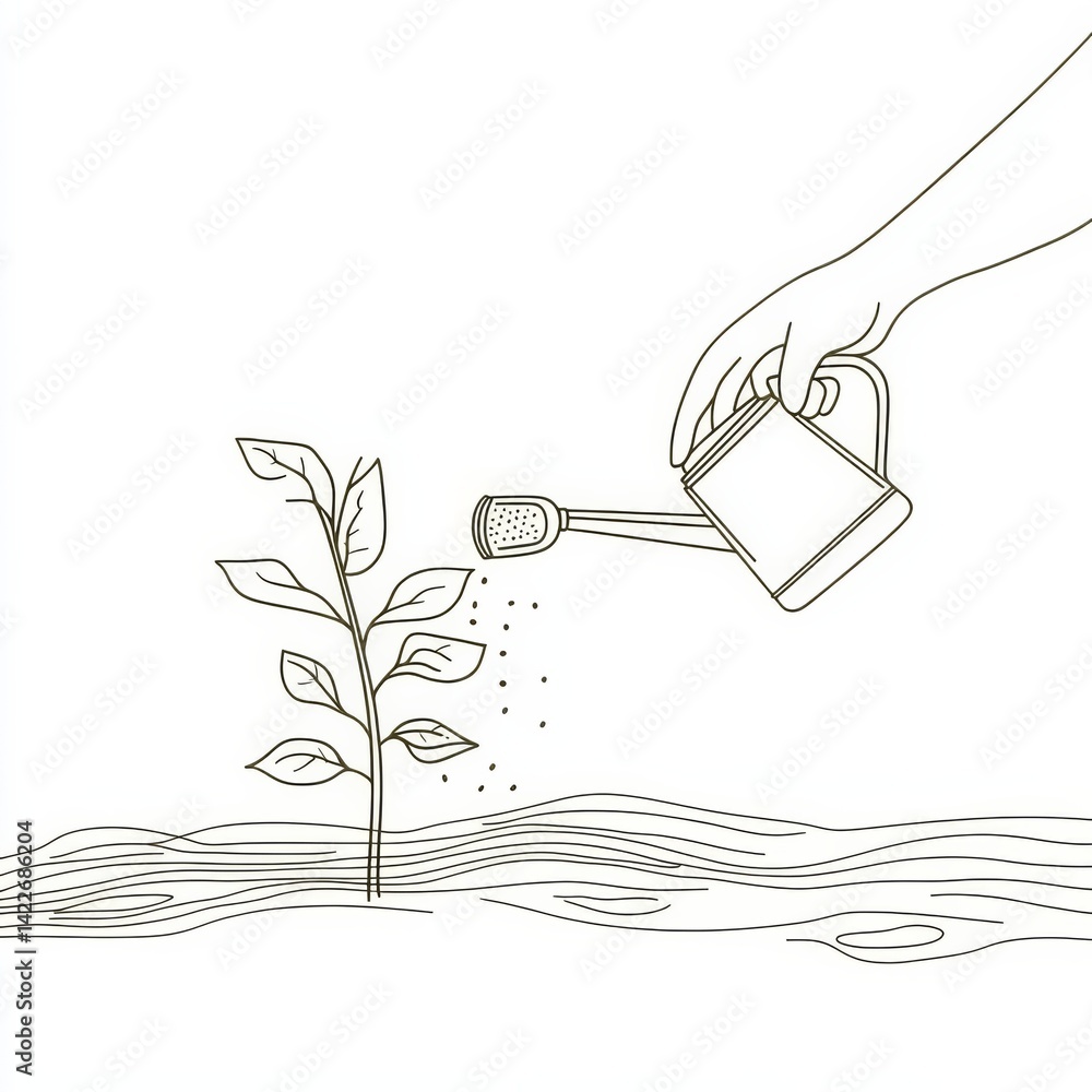 Single continuous line drawing of a hand with a can watering a plant in the garden.